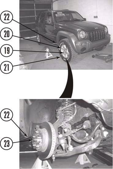3. Lift front of vehicle. a. Loosen five lug nuts (19) each from two front wheels (20). b.
