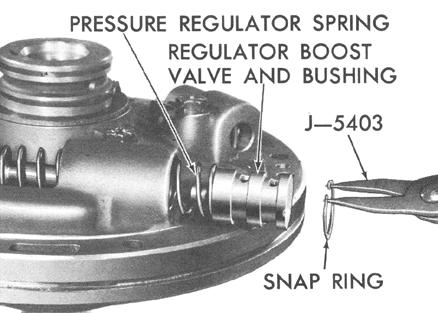 Remove the retaining ring (211), the regulator boost valve bushing (212), the regulator boost valve (213), and the pressure regulator