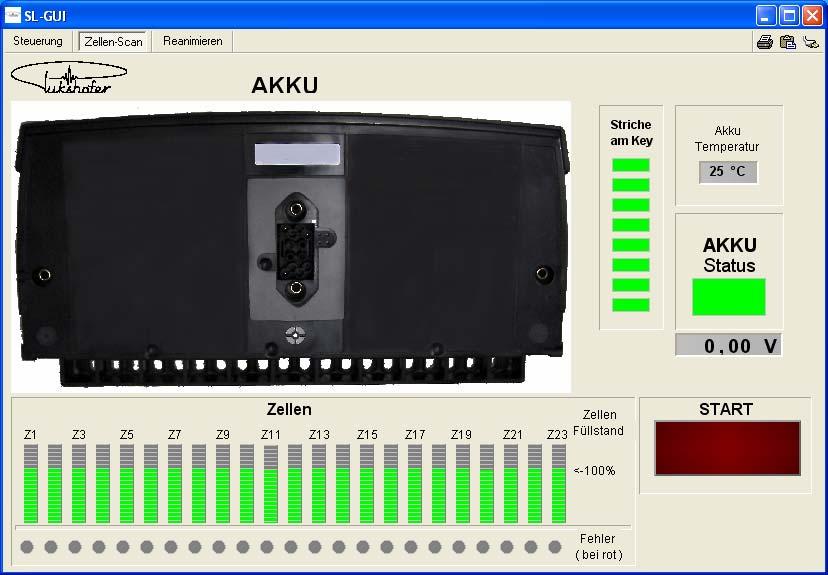 GUI-Window: Scan cells With the main window Zellen-Scan = "Scan cells" you can read the internal data of the battery.