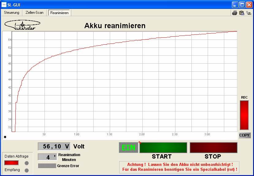 GUI-Window: Reanimation In the main window Akku reanimation you can reanimate deeply discharged batteries.