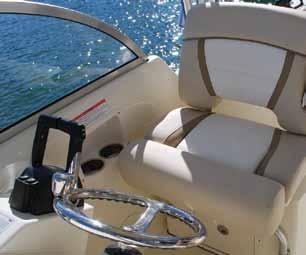5 mpg Seating 10 people > 316-grade stainless steel bow rail > Transom fresh water shower > Bow pulpit with roller and cleat > Dual aft fold-down seats with backrest cushions > Port and starboard bow