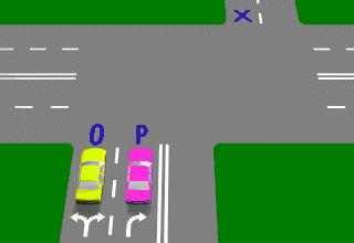 IN012 - Intersections If both vehicles P and O in the diagram are turning right, which vehicle is in the best position to turn left into the street marked 'X'? - Vehicle O. - Vehicle P.