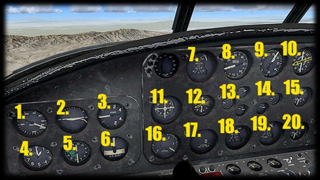 Pilots Panel,- Center 1) Airspeed Indicator. 2) Artificial Horizon. 3) Vertical Speed Indicator. 4) Altimeter. 5) Gyro Compass. 6) Turn & Slip Indicator.