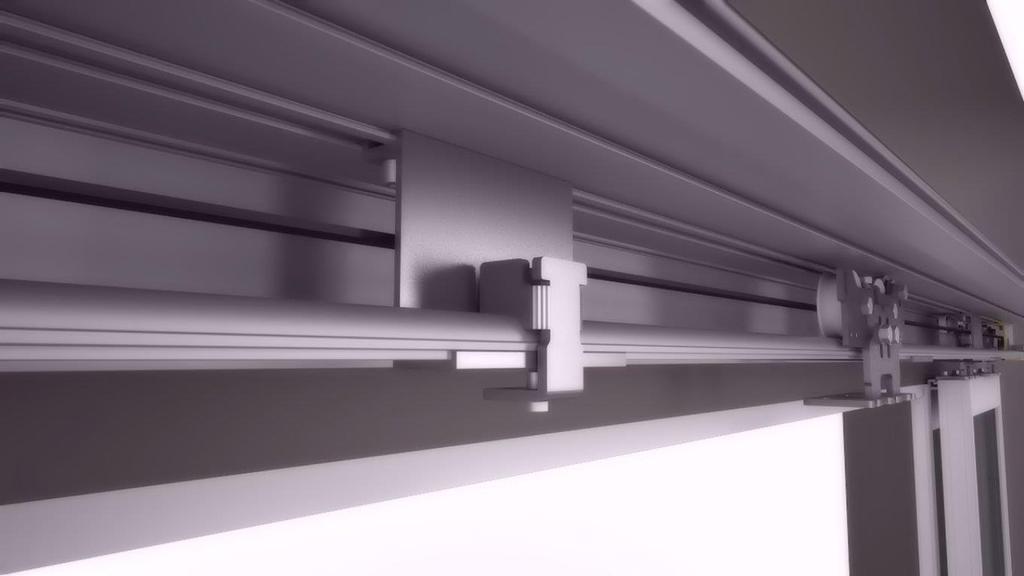 INNOVATIVE TECHNOLOGICAL CONTENTS THE PRIMARY SUSPENDED SLIDING CARRIAGES RAIL The rail of sliding carriages/primary leaves is suspended and connected to the beam profile through modular brackets