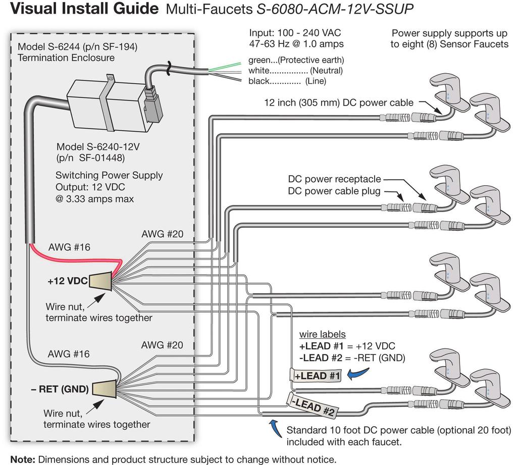Multi-Faucet Installation Instructions, S-6080-ACM-12V-SSUP Installation Requirements The following items are not included and purchased separately: Switching Powers Supply, Model# S-6240-12V Power