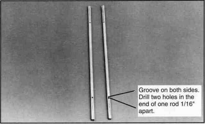 a groove on one side of each end except for one end of one rod (the one with two holes) For this one end, make a groove