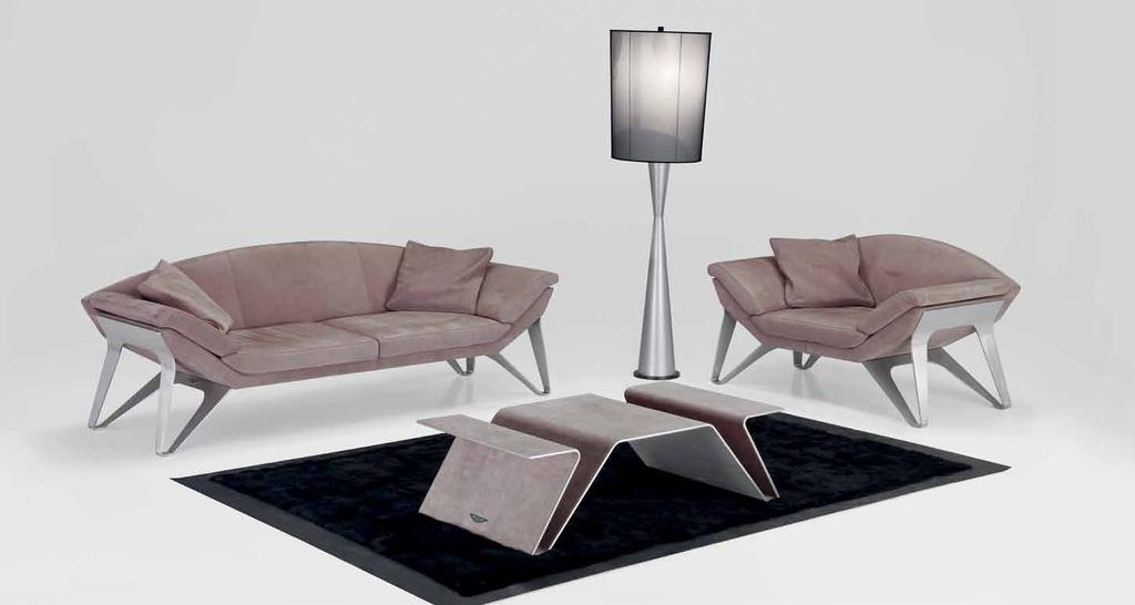 V015 floor lamp V010 3 seat sofa V010 armchair V005 table 2 sides RUG V010 3 seat sofa - 235x84xh82 cm - aluminium, leather Nabuk col. Smog and Nabuk col.