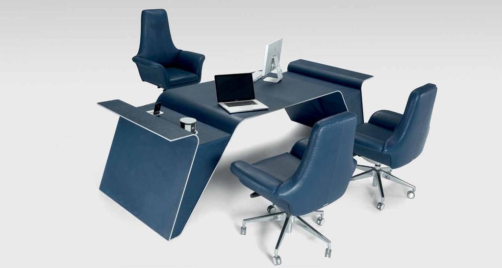 V049 president chair (high arms) V093 desk V049 executive chair (low arms) V093 desk - 280x100xh80 cm - aluminium, leather Touch col. 604 & leather Touch col.