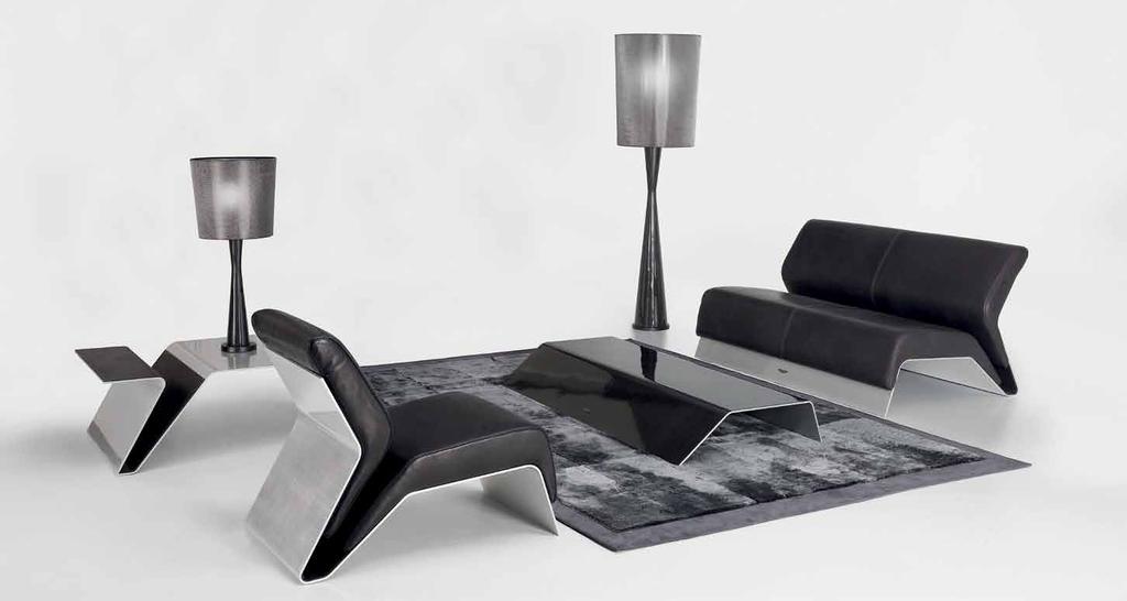 V015 floor lamp V015 lamp M V005 table 1 side V002 long table V001 2 seat sofa RUG V001 armchair V001 2 seat sofa - 150x90xh78 cm - aluminium, carbon fibre, leather Skin col.