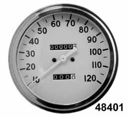 48432 1989-on, black face with numbers 48428 Police 120MPH, black face with white numbers 2:1 Ratio Speedometers (2000RPM=60MPH) Fits FL 1947-61 with transmission drive unit, FL 1981-84, FX 1973-84