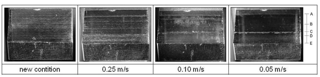 Figure 18 Exemplary pictures of one tooth flank of a case-hardened ring gear in new condition and after the relevant stages of the speed stage test (vt 0.25 m/s); Ra = 0.3 µm.