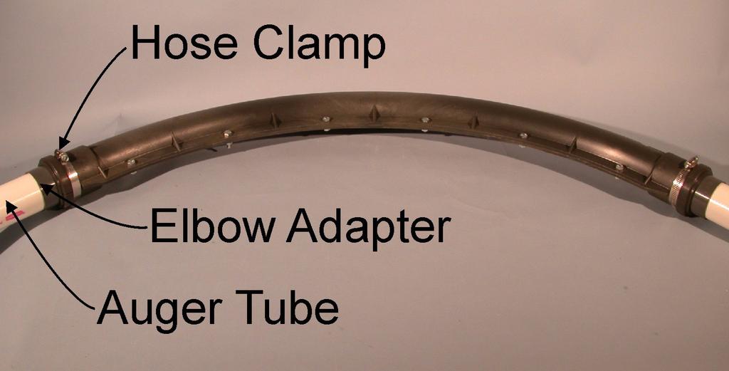 The elbows should be assembled with adapters inserted and adjustable hose clamps tightened. Important: The tubes belled end should be the inlet end for the auger travel.