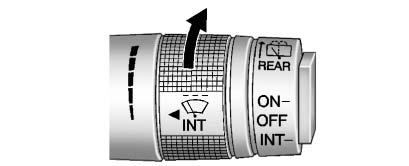 INT (Intermittent Wipes): Move the lever up to INT for intermittent wipes, then turn the x INT band up for more frequent wipes or down for less frequent wipes. OFF: Use to turn the wipers off.