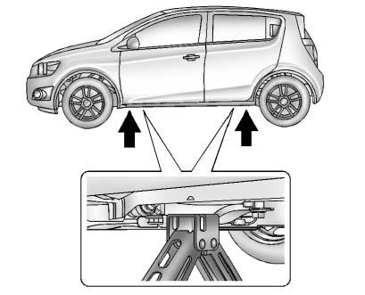 10-64 Vehicle Care 4. Place the jack at the position marked with a half circle. 5. Place the hex tube end of the wrench over the hex head of the jack to attach it. 6.