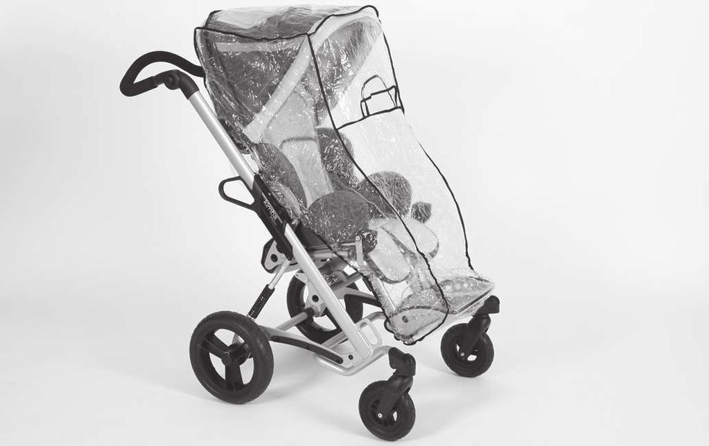 The rehab buggy can be equipped with a rain cover that prevents the user from getting wet (see fig. 78). The rain cover can be stored in the side bag of the canopy (see fig. 79).