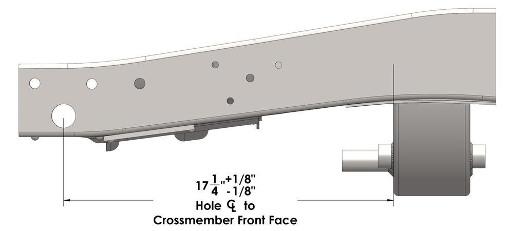 5. Verify correct front-to-rear location by measuring the distance between the front leaf hanger hole and front of 2x4 IFS crossmember.