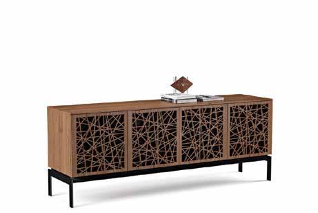 8779 QUAD-WIDTH STORAGE + MEDIA CABINET Four-compartment wide cabinet with choice of three laser-cut door patterns.