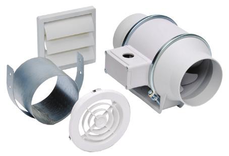 exhaust fan 1 plastic round grille (PG-100) 1 exterior louvered grille (PER-100W) Integral mounting bracket KIT-TD150 1 TD150 exhaust fan 1 plastic round grille (PG-150) 1 exterior louvered grille