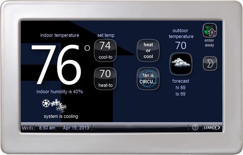 A simple easy-to-use touchscreen allows complete system configuration. Scheduled maintenance alerts, system warnings and troubleshooting are also displayed on thermostat screen.