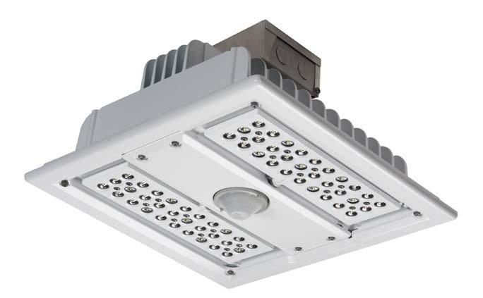 Luminaire mounts directly to the canopy deck and is secured in place with die cast aluminum trim frame.