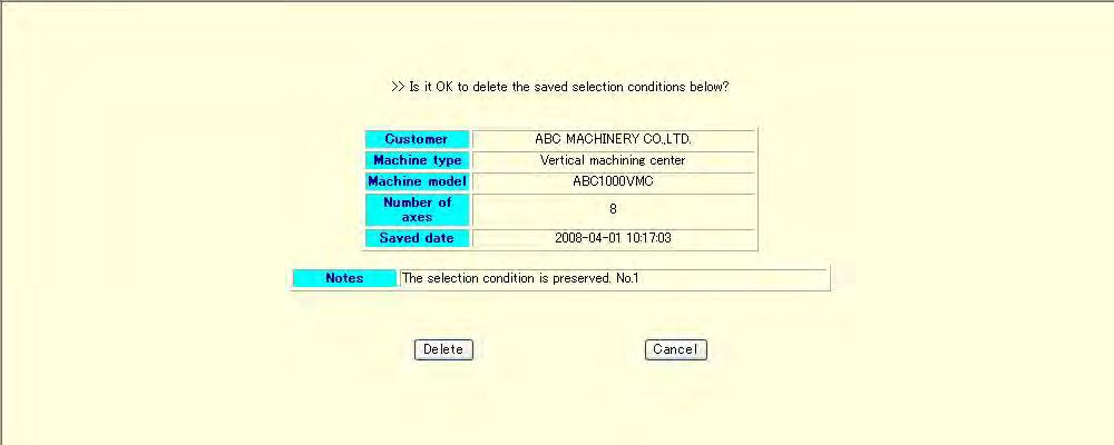 1-2-5 Deleting selection data Click on OK which is on the right side of the saved data you wish to delete.