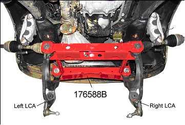 2) Insert the right lower control arm into the subframe pockets on the passenger side. Loosely attach the control arm with the original hardware. See illustration 19.