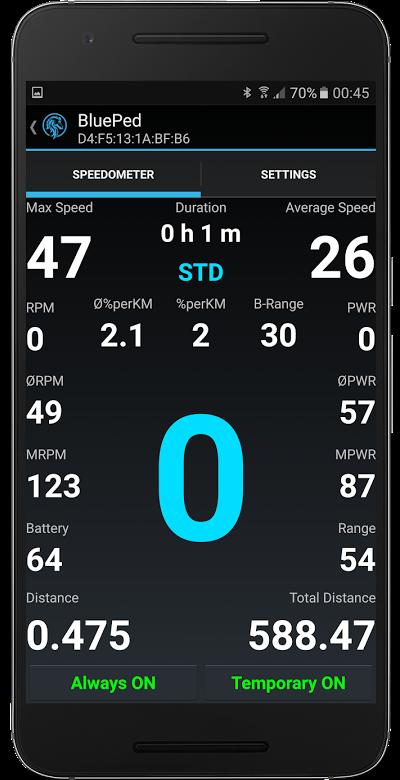 3.2 MAIN SCREEN - SPEEDOMETER As soon as the app is connected to the BLUEPED, the BLUEPED data is read by the app. After all the data is read, the controls are activated and settings can be changed.