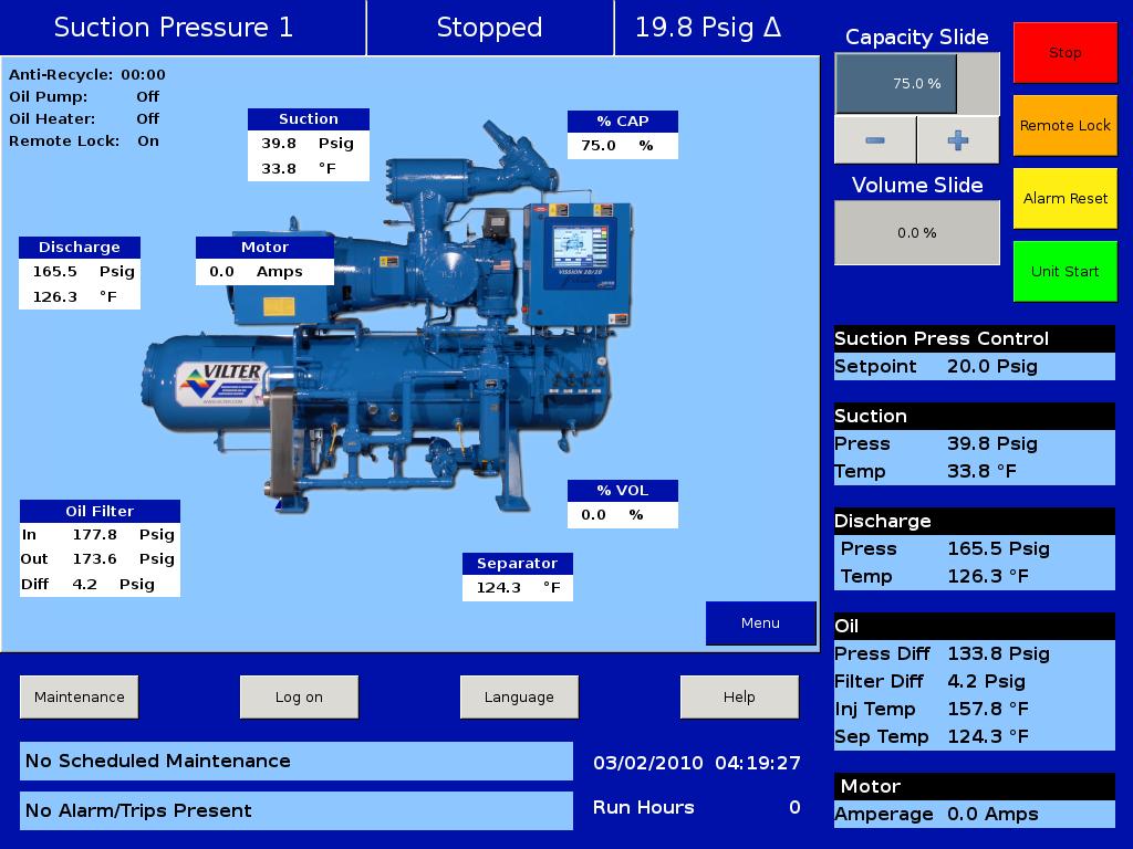 Touch Screen LCD Display Main Screen The main screen gives the operator an overall view of operating parameters affecting the compressor package.
