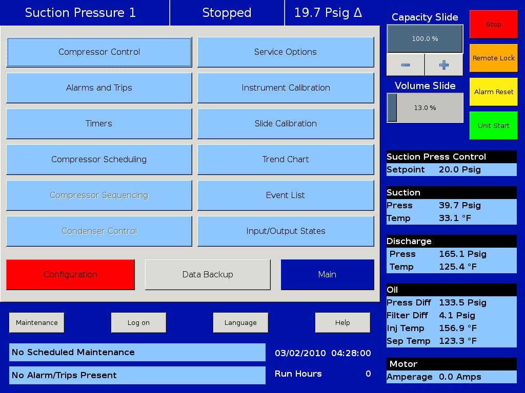 Menu Screen COMPRESSOR CONTROL - Navigates to the compressor control screen where the operator can set the variouscompressor control parameters.