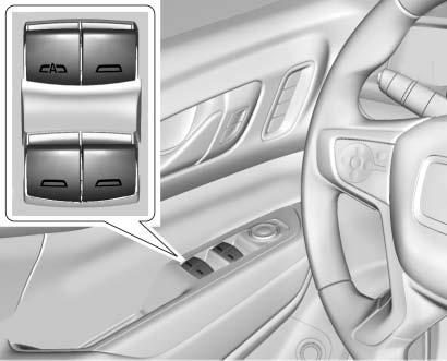 52 Keys, Doors, and Windows Power windows work when the ignition is on, in ACC/ACCESSORY, or when Retained Accessory Power (RAP) is active. See Retained Accessory Power (RAP) 0 226.