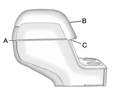 The top of the console can be folded forward for increased storage area. Lift up on the handle on the rear of the console (A) and pull forward.
