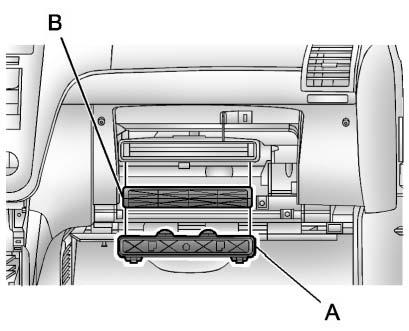 Lower the instrument panel compartment assembly (B) beyond the stops. 4. If needed, unsnap the instrument panel compartment assembly (B) from the instrument panel.