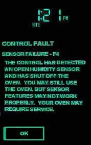 Shorted humidity sensor F10 - Shorted touch panel Note: Any F code will cause an error sound to beep for 3 cycles. One cycle will sound 2 seconds on, 1 second off.