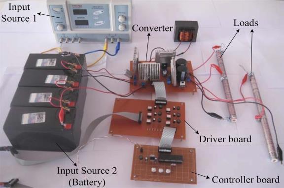 IV. EXPERIMENTAL RESULTS In order to verify the effectiveness of the proposed converter, a low power range laboratory prototype was built as shown in Fig.6. Two different input power sources utilized.
