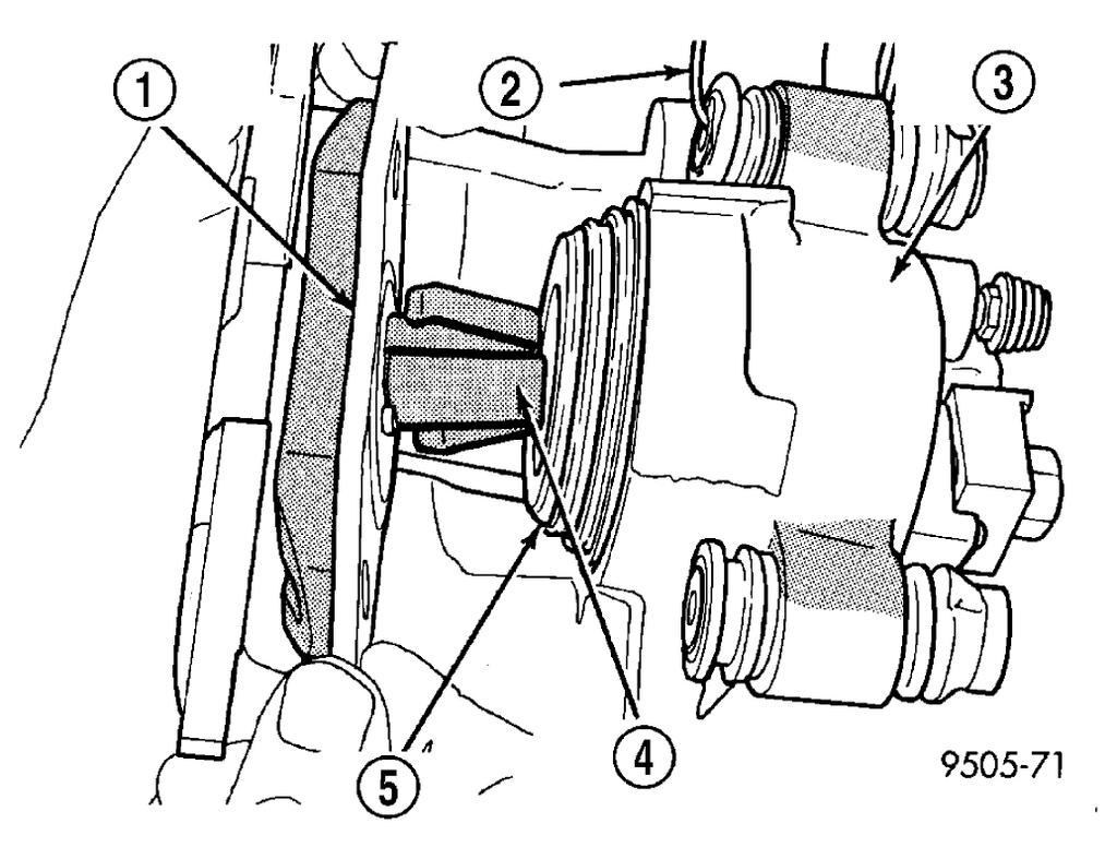 Fig. 23: Removing Inboard Brake Shoe 1 - INBOARD BRAKE SHOE 2 - HANGER WIRE 3 - CALIPER ASSEMBLY 4 - RETAINING CLIP 5 - PISTON CLEANING CLEANING - DISC BRAKE SHOES WARNING: DUST AND DIRT ACCUMULATING