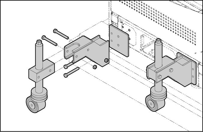 o Install the left casters on the left side of the rack when facing the front of the rack. 2. Place the backing plate inside the rack with the nuts facing the interior of the rack.
