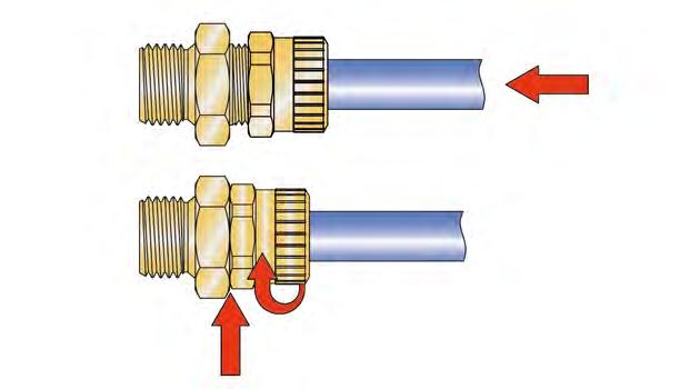 Plug connectors with full through flow 36 Screw joints for applications with vibrations and tube movement Functional principle Sealing FPM Union nut brass Collet brass 2500 Compressed-air tube PE,