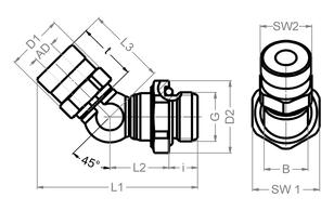 Plug connectors with full through flow Screw joints for applications with vibrations and tube movement 43 Elbow screw-in connector 45, swiveling - Whitworth pipe thread DIN ISO 228 - Chambered O-ring