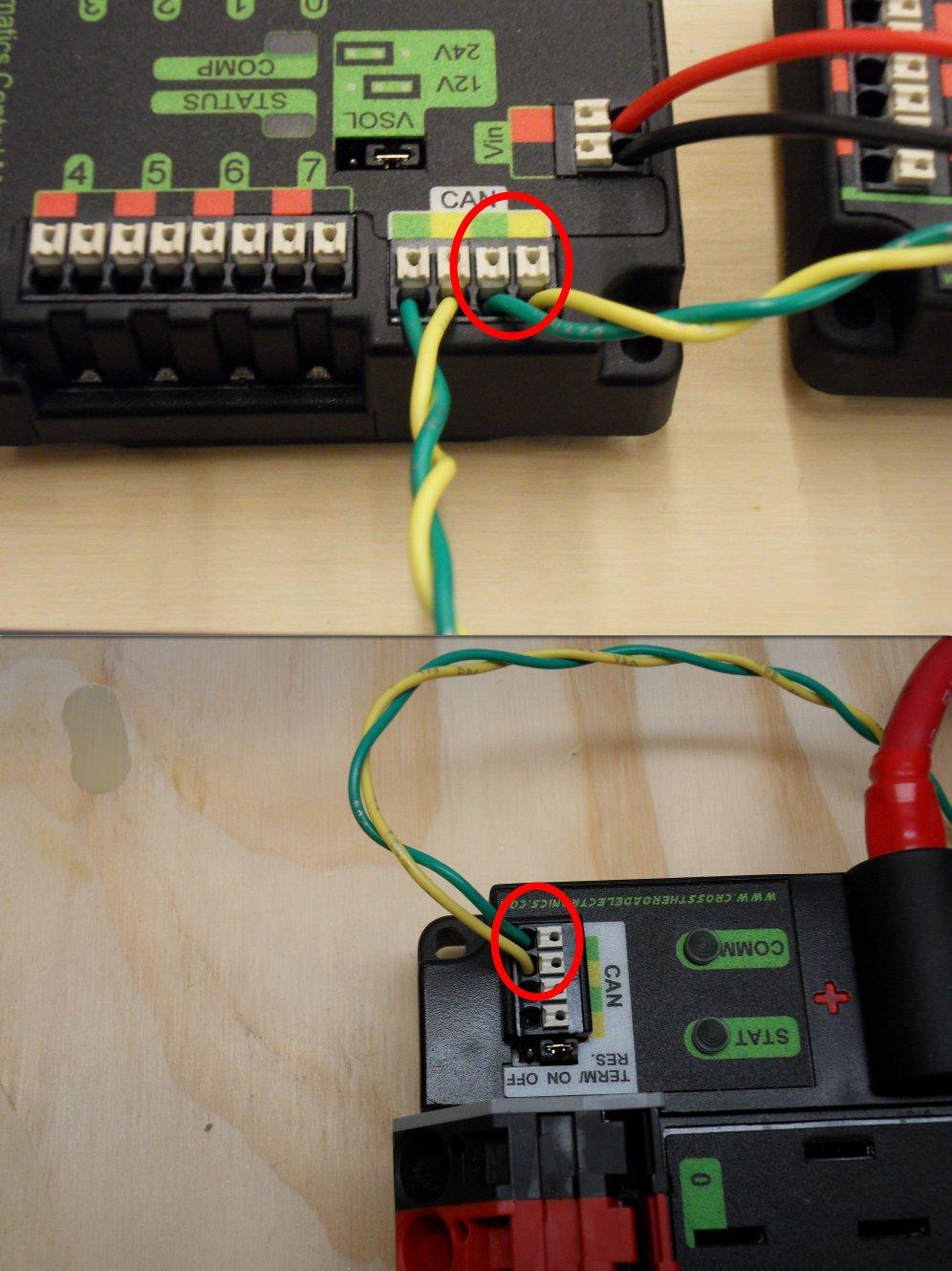 2. Insert the wires into the appropriate CAN terminals on the roborio (Yellow->YEL, Green- >GRN). 3.