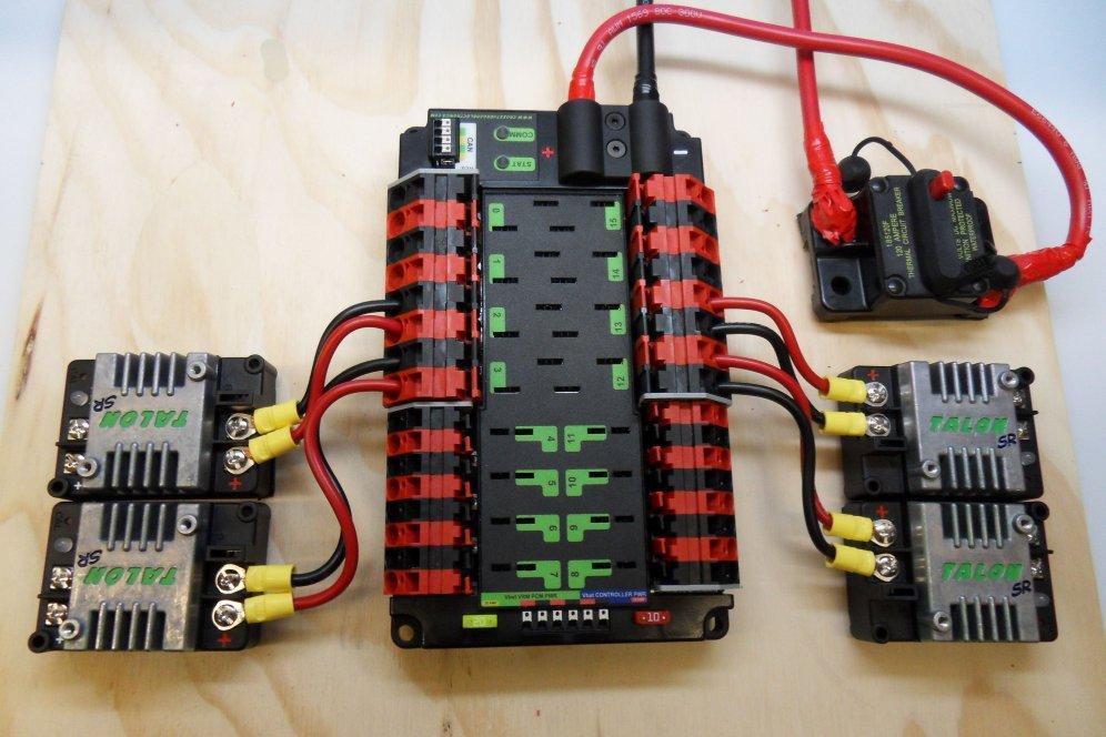 Motor Controller Power Requires: Wire Stripper, Wire Crimper, Small Flat Screwdriver, Phillips Head Screwdriver, 10AWG red and black wire, 8x yellow ring terminals For each of the 4 Talon SR motor