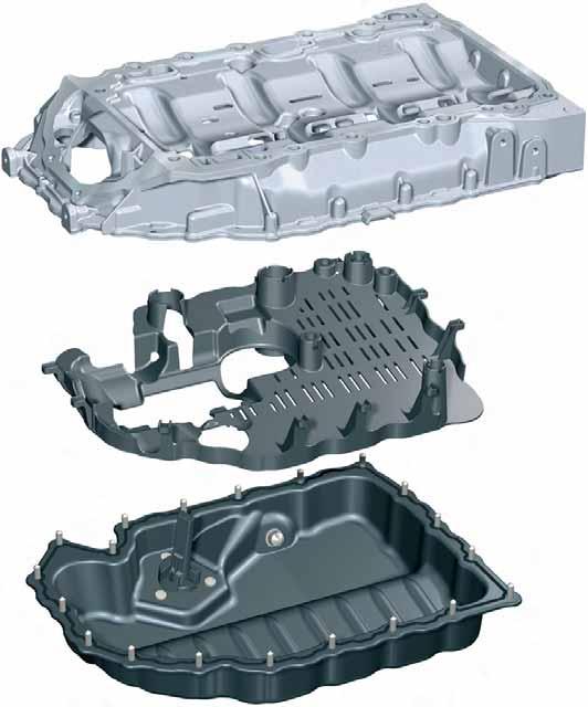 Engine Mechanicals Oil Pan The oil pan consists of two sections. The upper section is made of an aluminum alloy (AlSi12Cu) and reinforces the crankcase through a bedplate effect.