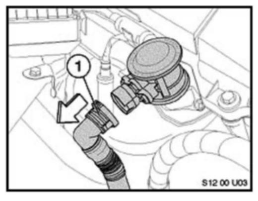 Disconnect the air pump feed line/hose (1) at the non-return valve (line from the secondary air pump Pg. 3 to the non-return valve).
