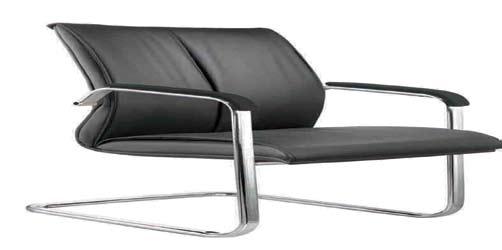 Boardroom chair with chrome cantilever frame, padded arm rests in black faux only, other colours to order Seat depth: 520mm.