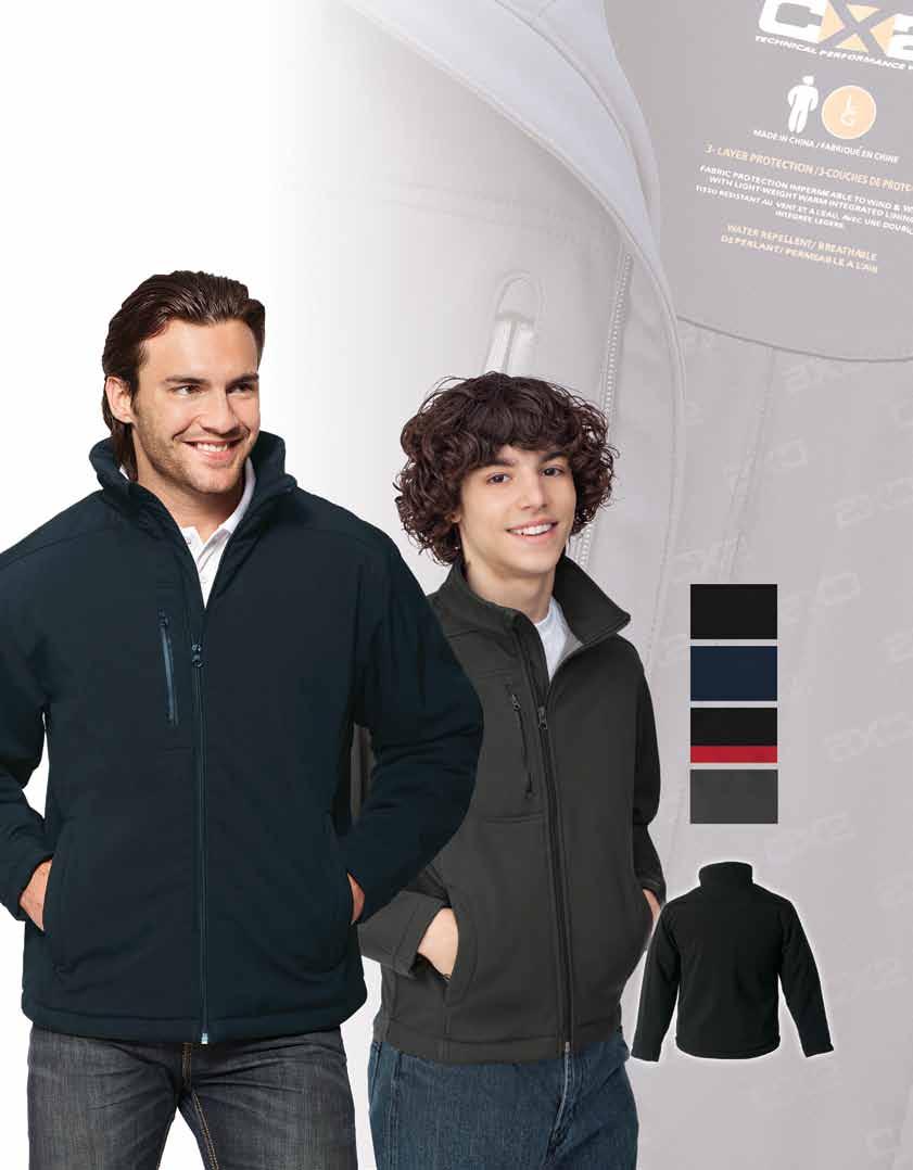Insulated Soft Shell Jacket Polyester/Spandex 3-layer bonded softshell. Polyester taffeta lining with tone-on-tone CX2 print in body and sleeves.