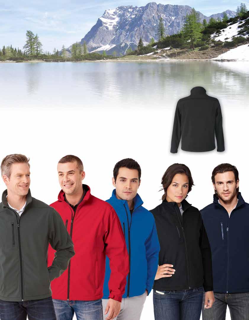 UNBEATABLE VALUE Lightweight Soft Shell Jacket Polyester / spandex 3-layer bonded fleece softshell. Active stretch, breathable, wind and water resistant properties. Adjustable tab closure on cuffs.