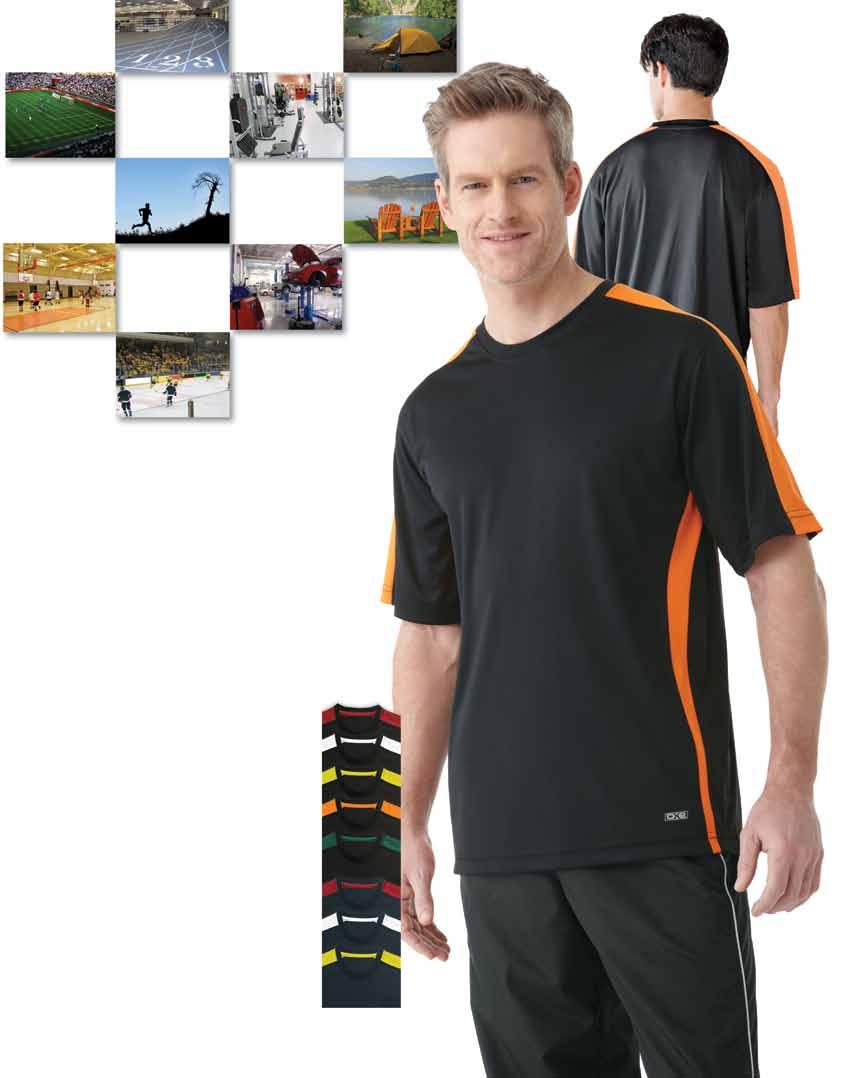 Performance T-shirt 100% polyester with contrast sleeve & front panels, accented with back neck taping. Moisture wicking and antibacterial finish.