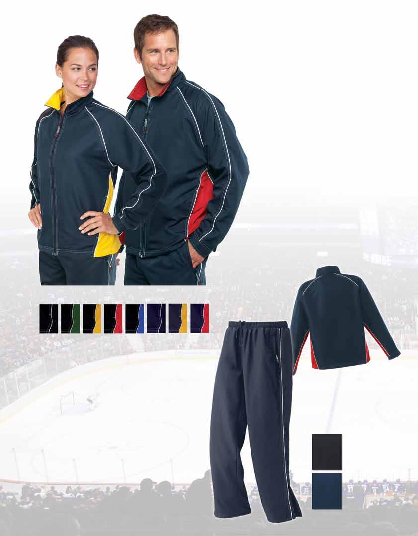 Performance Athletic Twill Track Jacket 100% polyester twill outer shell. Mesh lined body and lined sleeves. Contrast stitching with white piping. Wind and water repellent soft, quiet outer shell.