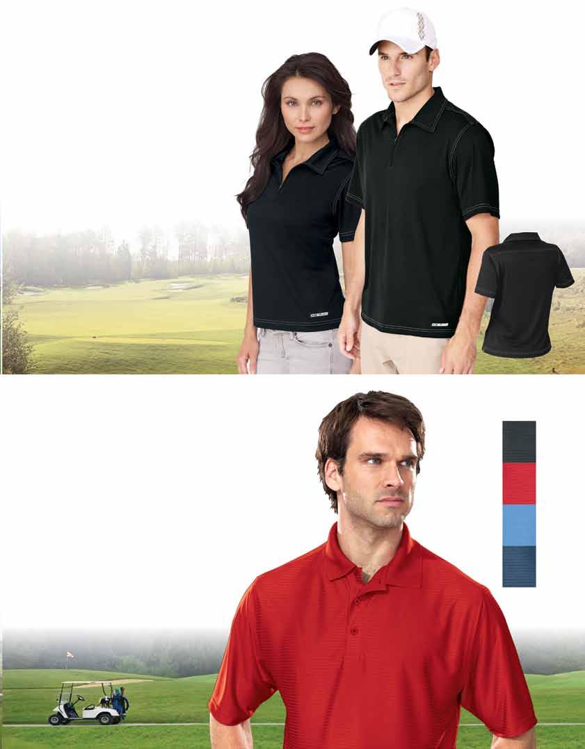 Zip Placket Polo 50% polyester wicking / 50% bamboo charcoal. Self collar, hemmed cuffs and hem with side vents. Zippered placket and silver grey contrast top stitching detail all over.
