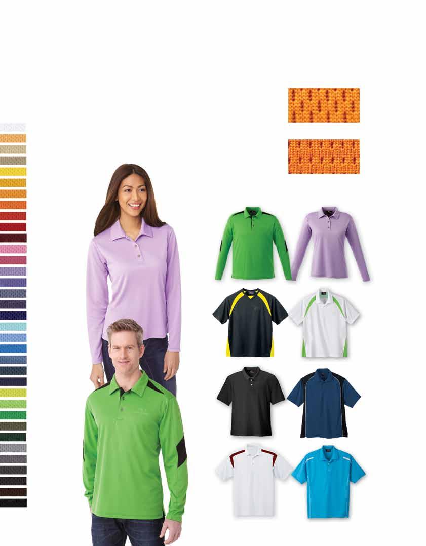 Proudly made in Canada Available Colours Cool Mesh Pinhole Mesh Custom Program 24 Performance Polo Program 100% Polyester 8 popular styles to choose from 4 weeks delivery decorated (3 weeks blank)