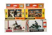 260. Britains No.9698 Dispatch Rider, No.9694 Afrika Korps Dispatch Rider, No.9673 Police Patrolman, No.9692 U.S Sheriff Harley Davidson, in original boxes, G-E, boxes F-VG (4) 261. Britains No.9684 Speedway Motorcycles, No.